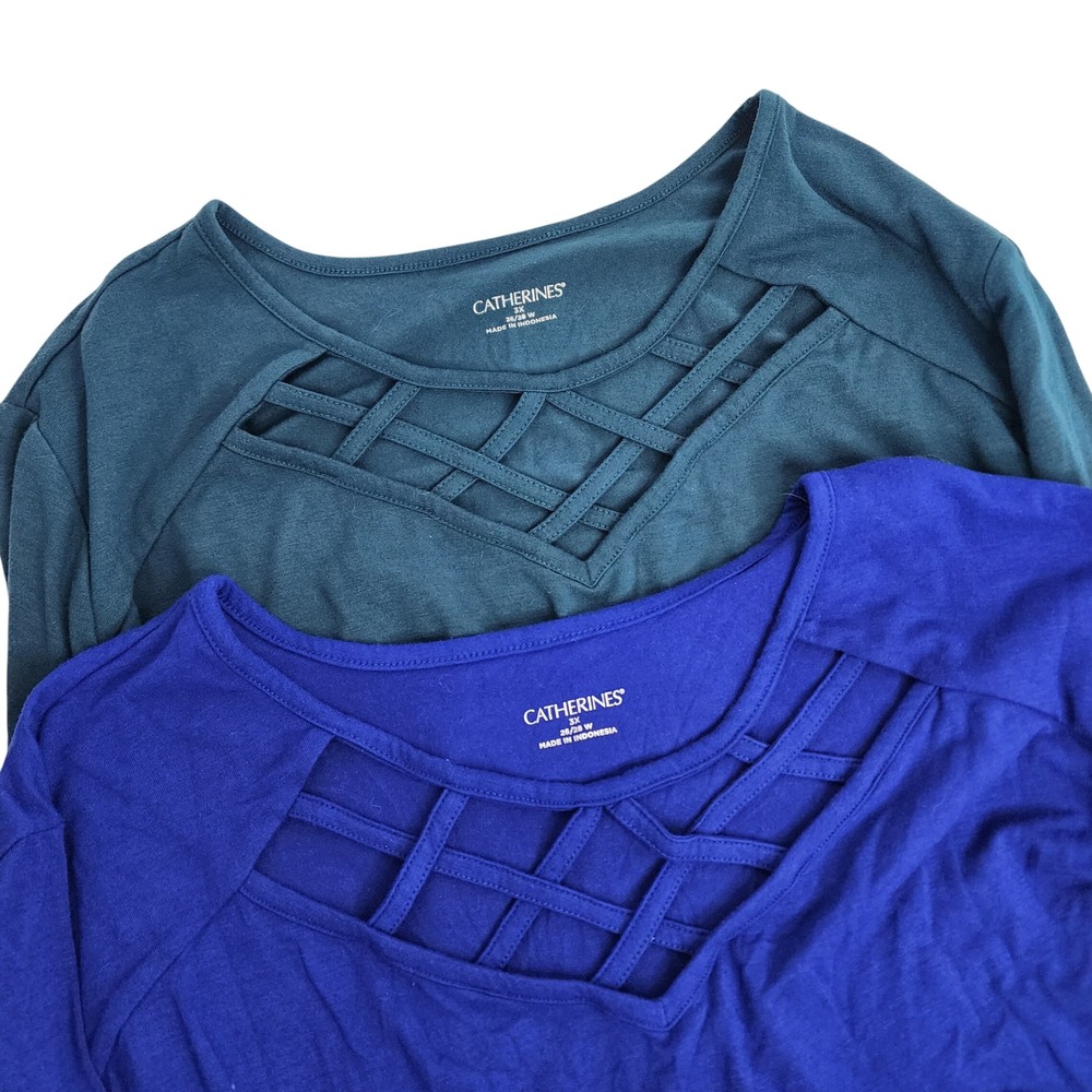 Catherines 2 Pack Knit Tops Womens 3X Blue Green Lattice Neck 3/4 Sleeve Tunic